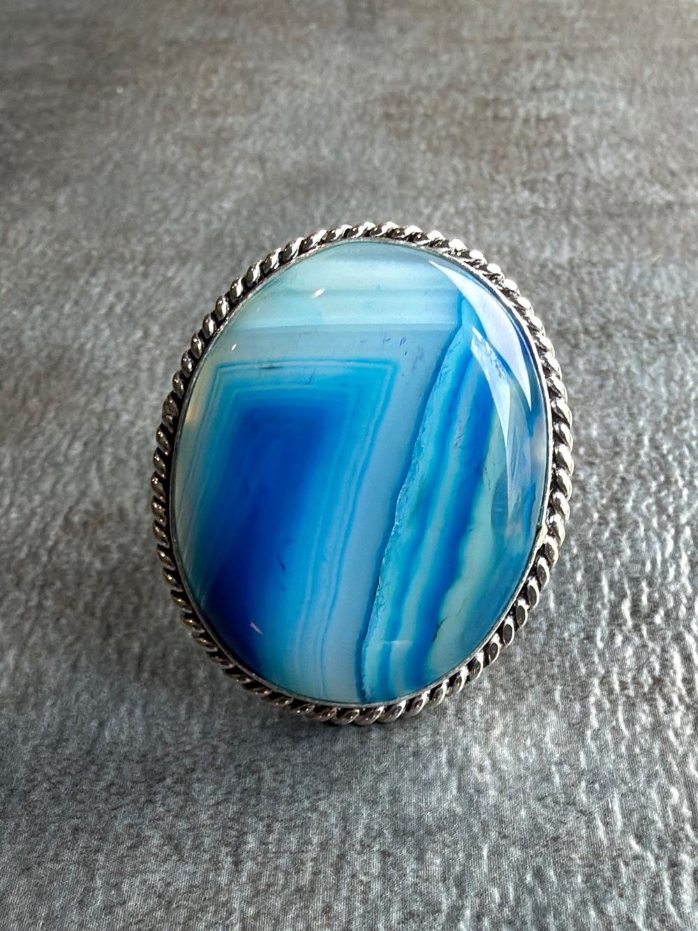 Boho Vintage Style Blue Agate Gemstone Ring Size 7.5 Silver 925 Overlay Jewelry